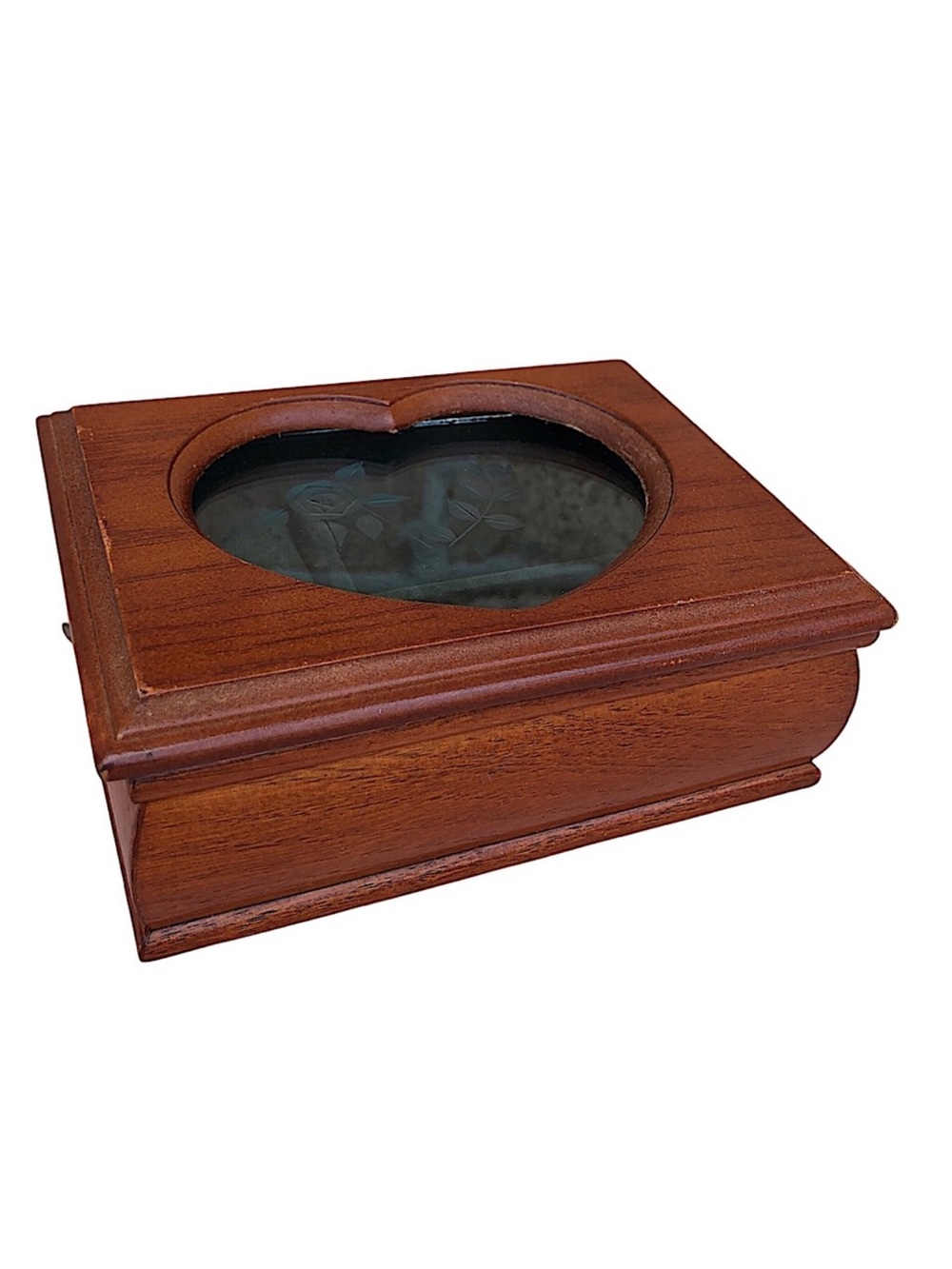 Vintage Solid Wood Small Jewelry Box, Heart Shape Etched Glass Window, Padded